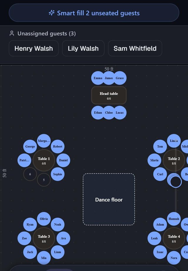 Drag guests onto chairs: screen from the SeatSpot app
