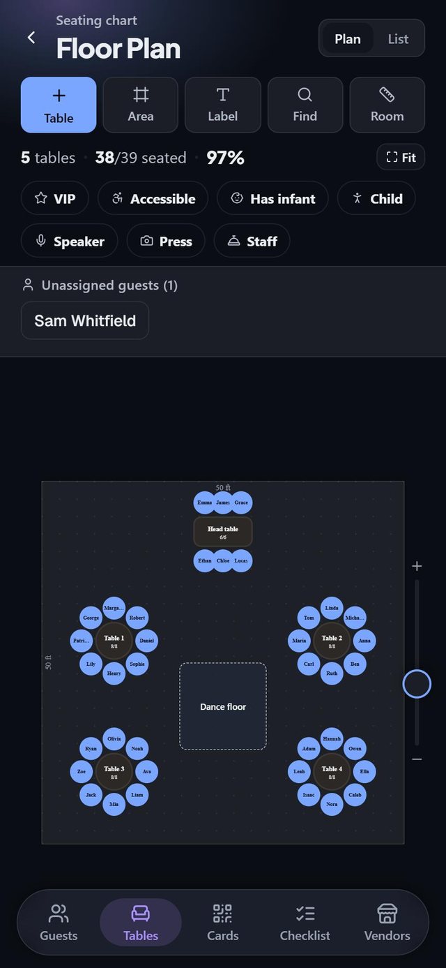 A floor plan drawn to scale: screen from the SeatSpot app