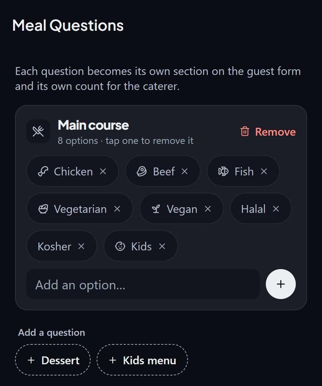 Your own meal questions: screen from the SeatSpot app