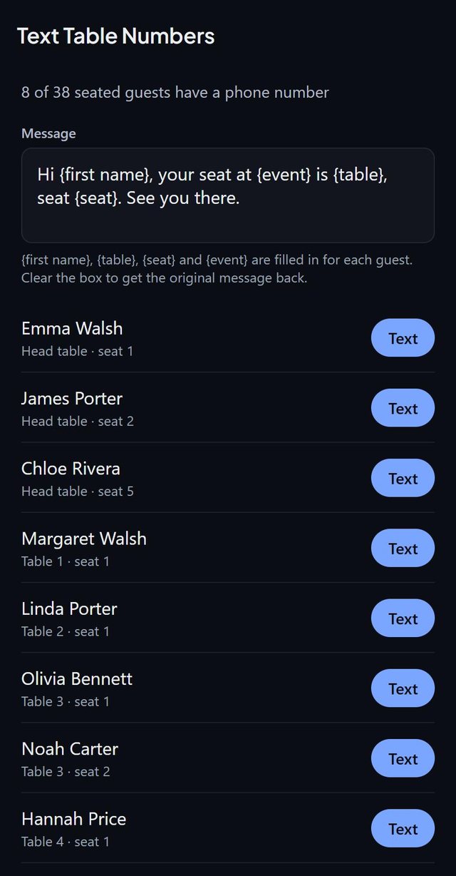 Text every guest their table: screen from the SeatSpot app